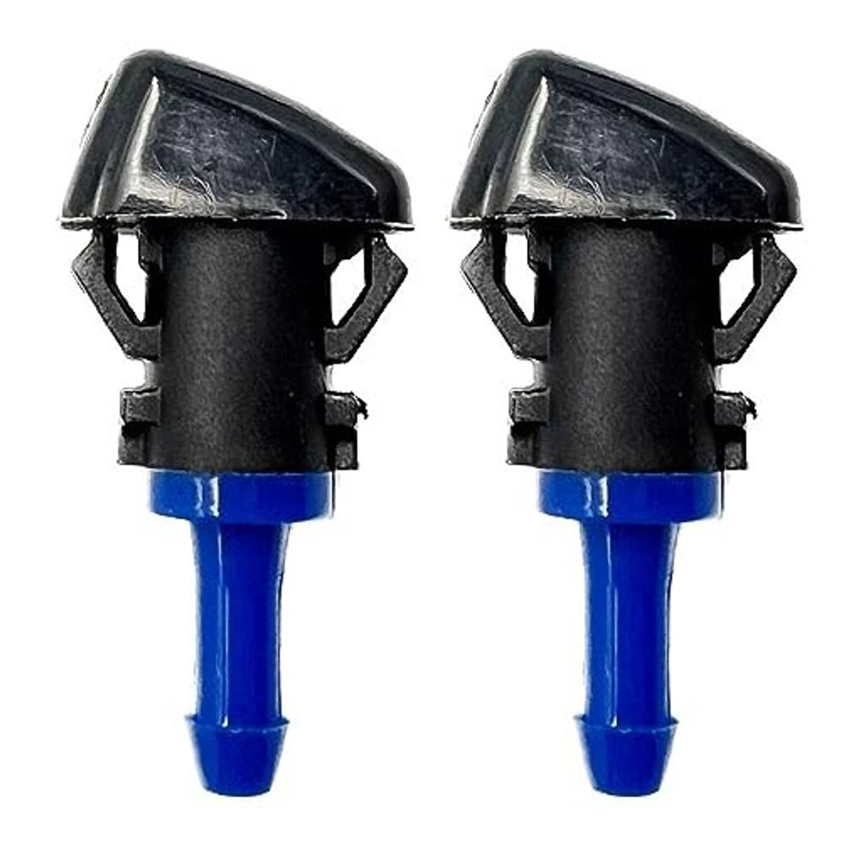 Washer nozzle pair, black housings and blue tubes, no connector visible