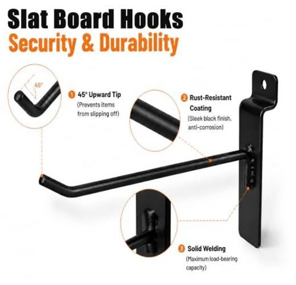 Black slatwall hook with angled tip, flat backing plate, and rust-resistant coating