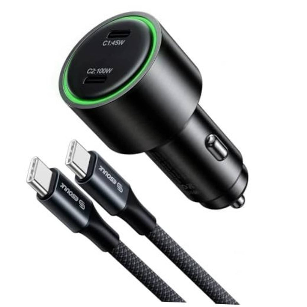 Black car USB-C charger adapter with green LED ring and dual USB-C ports