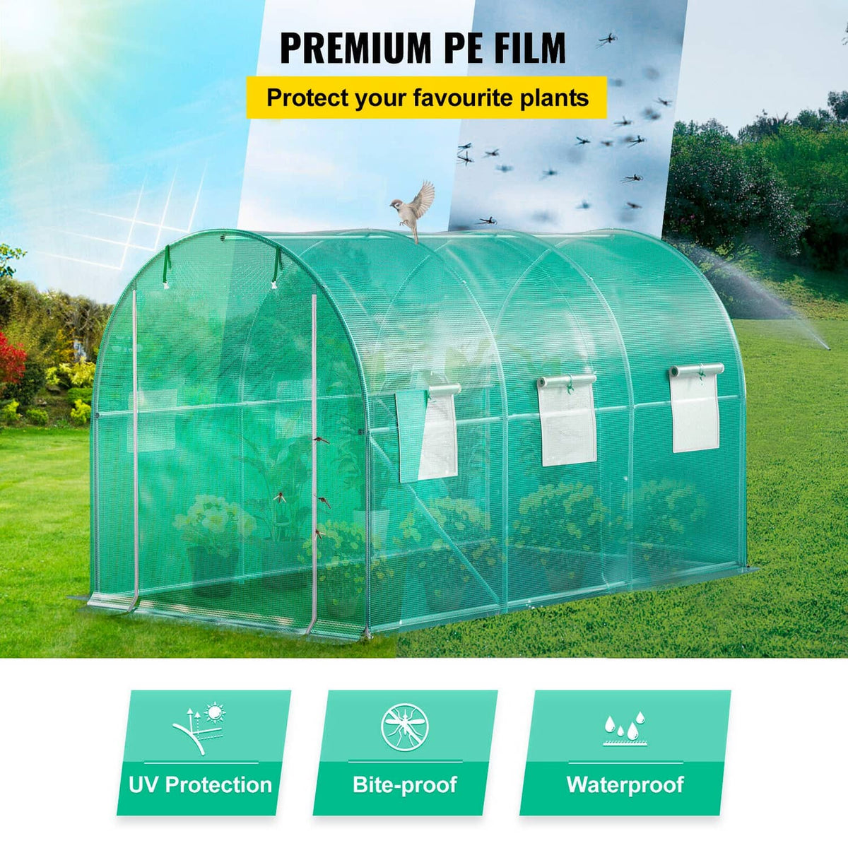Greenhouse tunnel with clear green cover film and galvanized frame, full side view