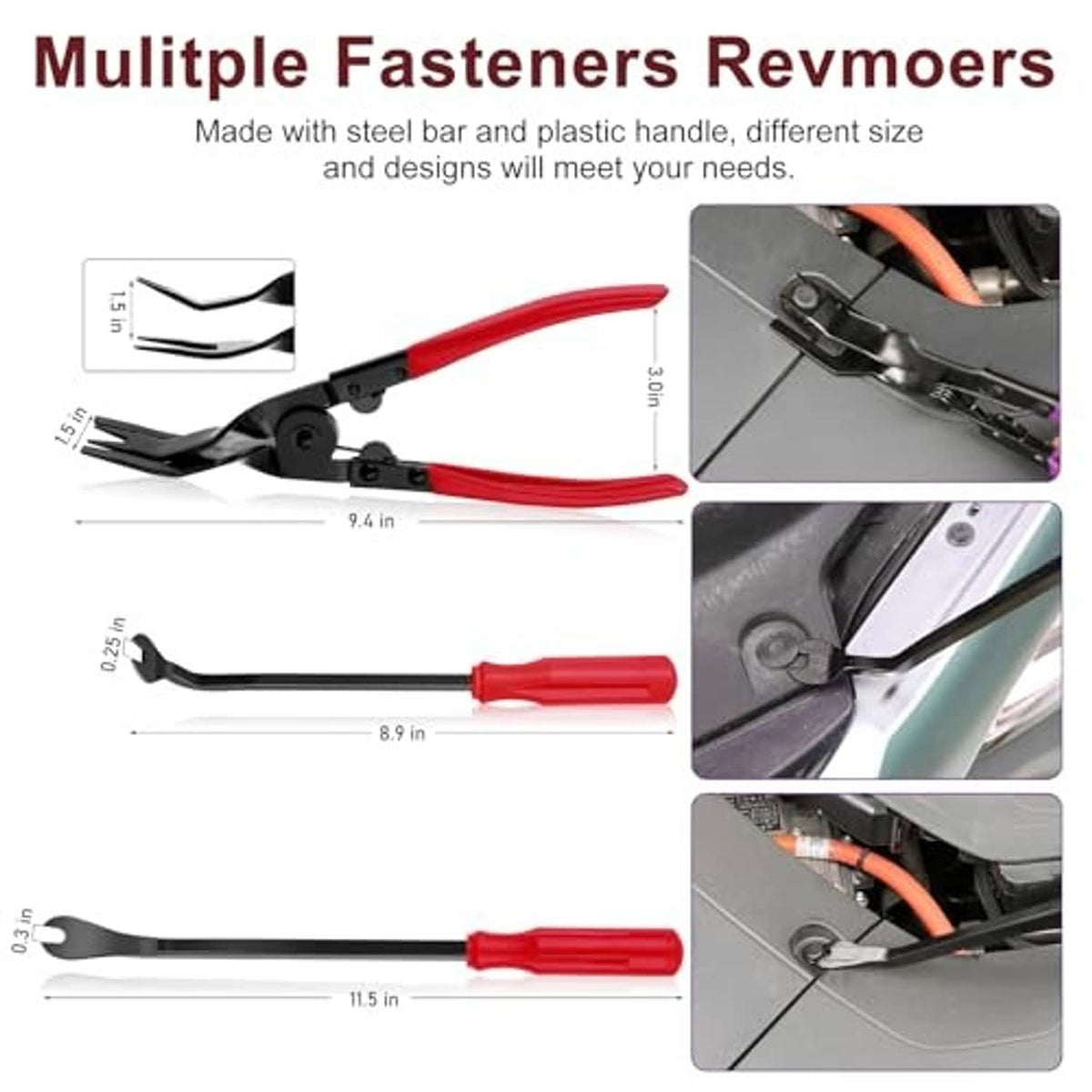 Multiple fastener removers with red-and-black steel pry handles