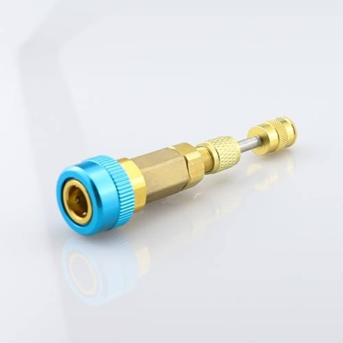 Valve core removal tool with blue ring head and gold threaded shaft and pin