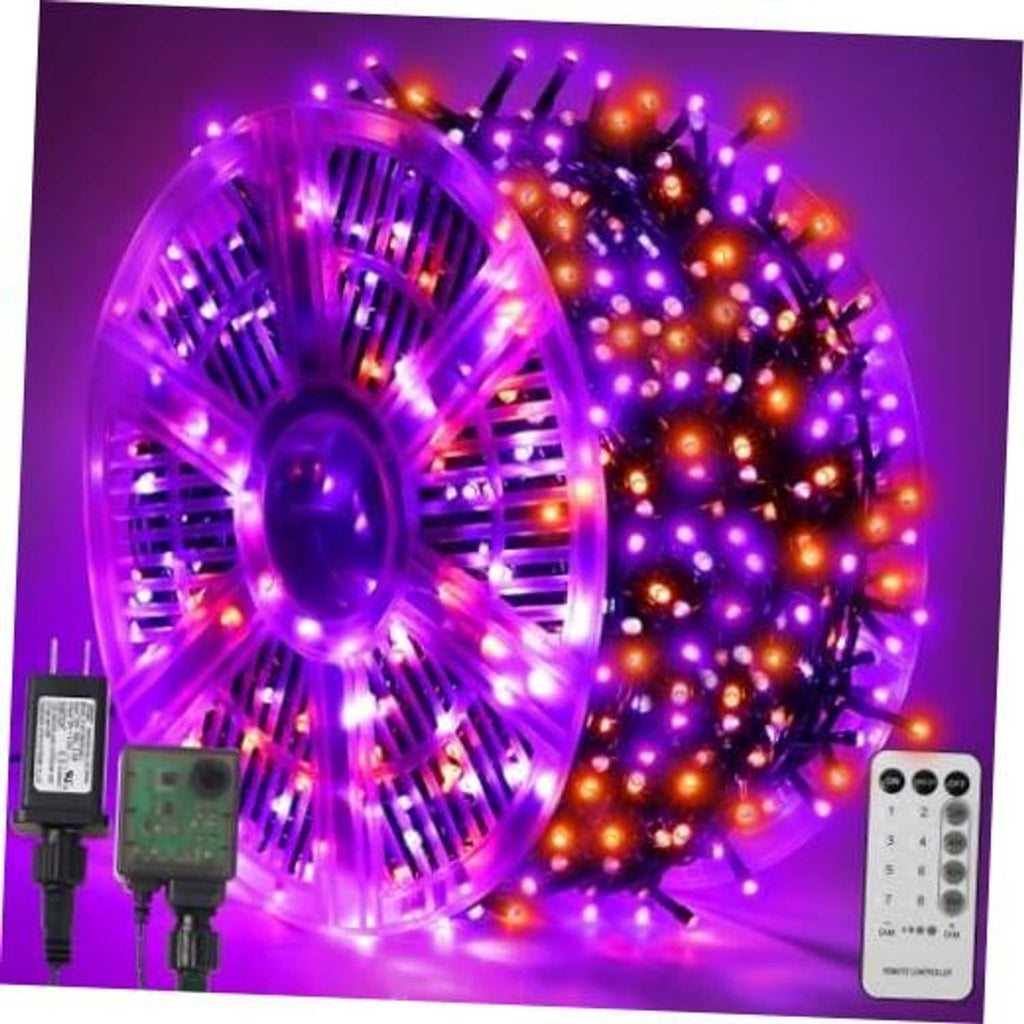 Halloween LED string lights on green wire with purple and orange bulbs, plus controller box.