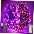 Halloween LED string lights on green wire with purple and orange bulbs, plus controller box.