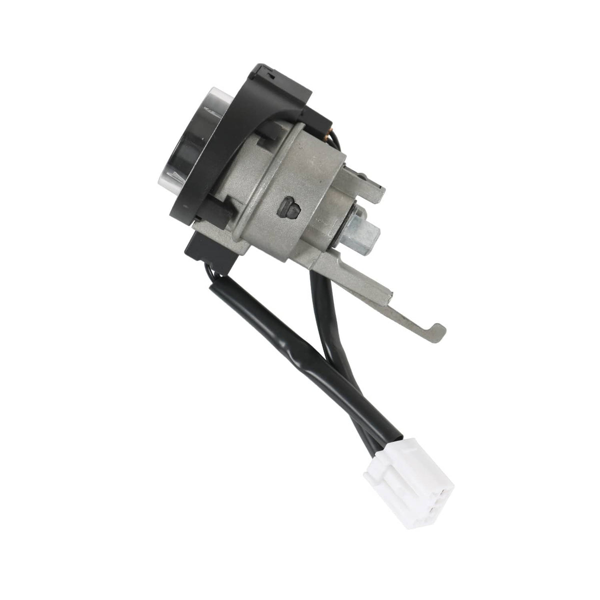 Ignition lock cylinder switch with metal actuator rod and black wire harness