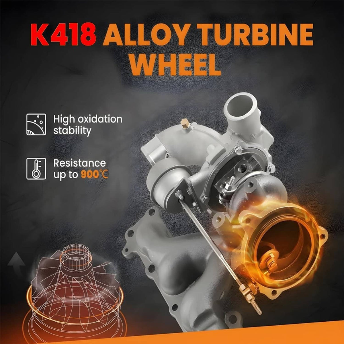 Turbocharger turbine wheel with alloy housing, shown in cutaway