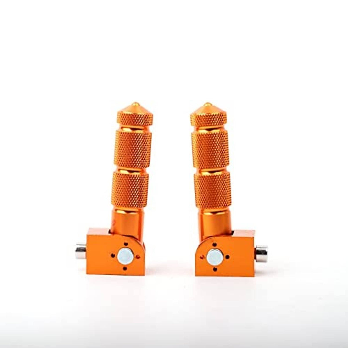 Two orange CNC folding motorcycle foot pegs with knurled cylinders and mounting plates