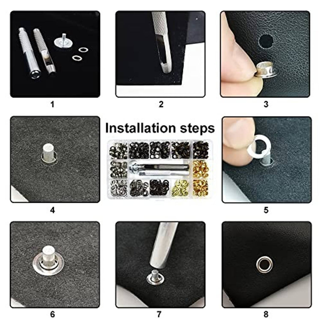 Installation steps shown for setting metal grommet eyelets with the tool