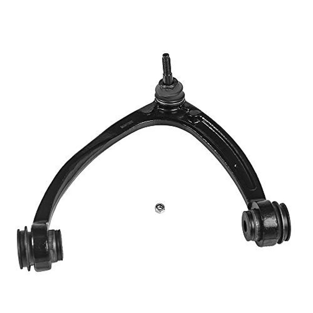 Front upper control arm, black U-shaped frame with bushing ends and top ball joint stud