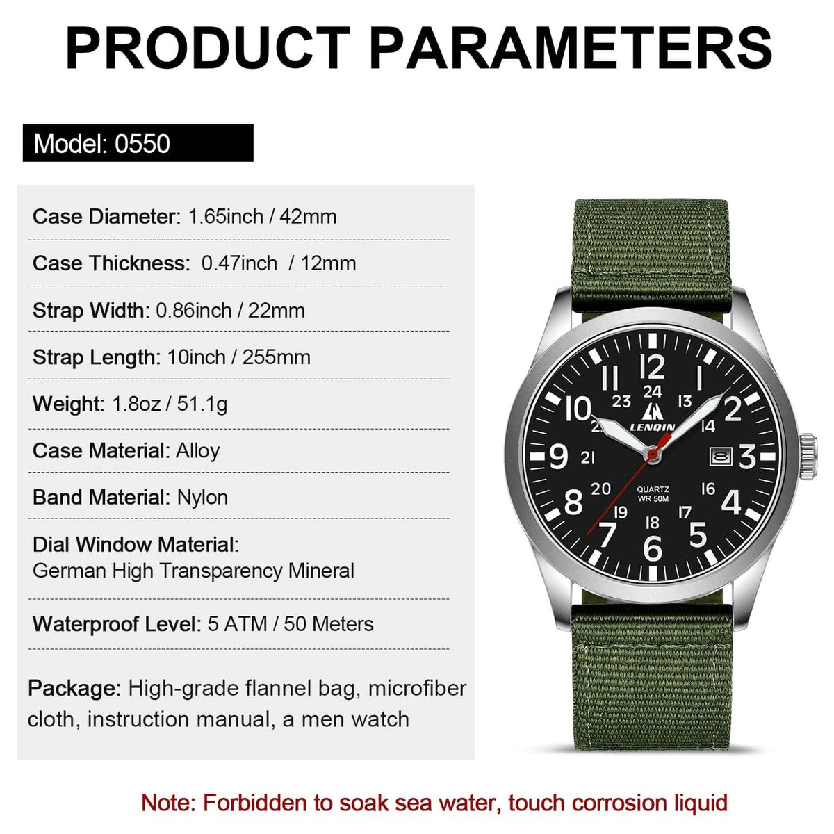 Men's military sport analog watch, silver case with black dial and green nylon strap