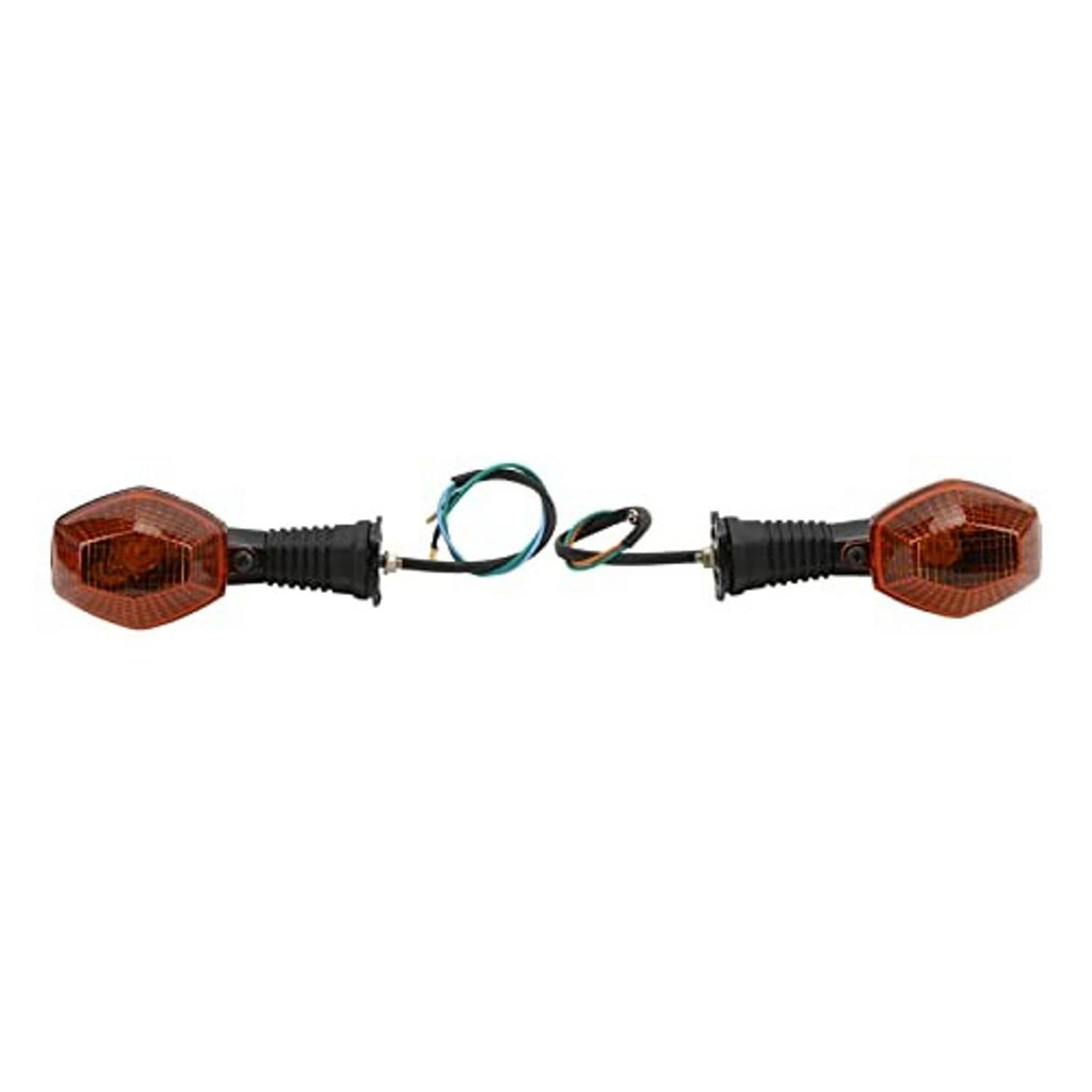 Two amber front motorcycle turn signal lamps on black mounts with connected wire harness