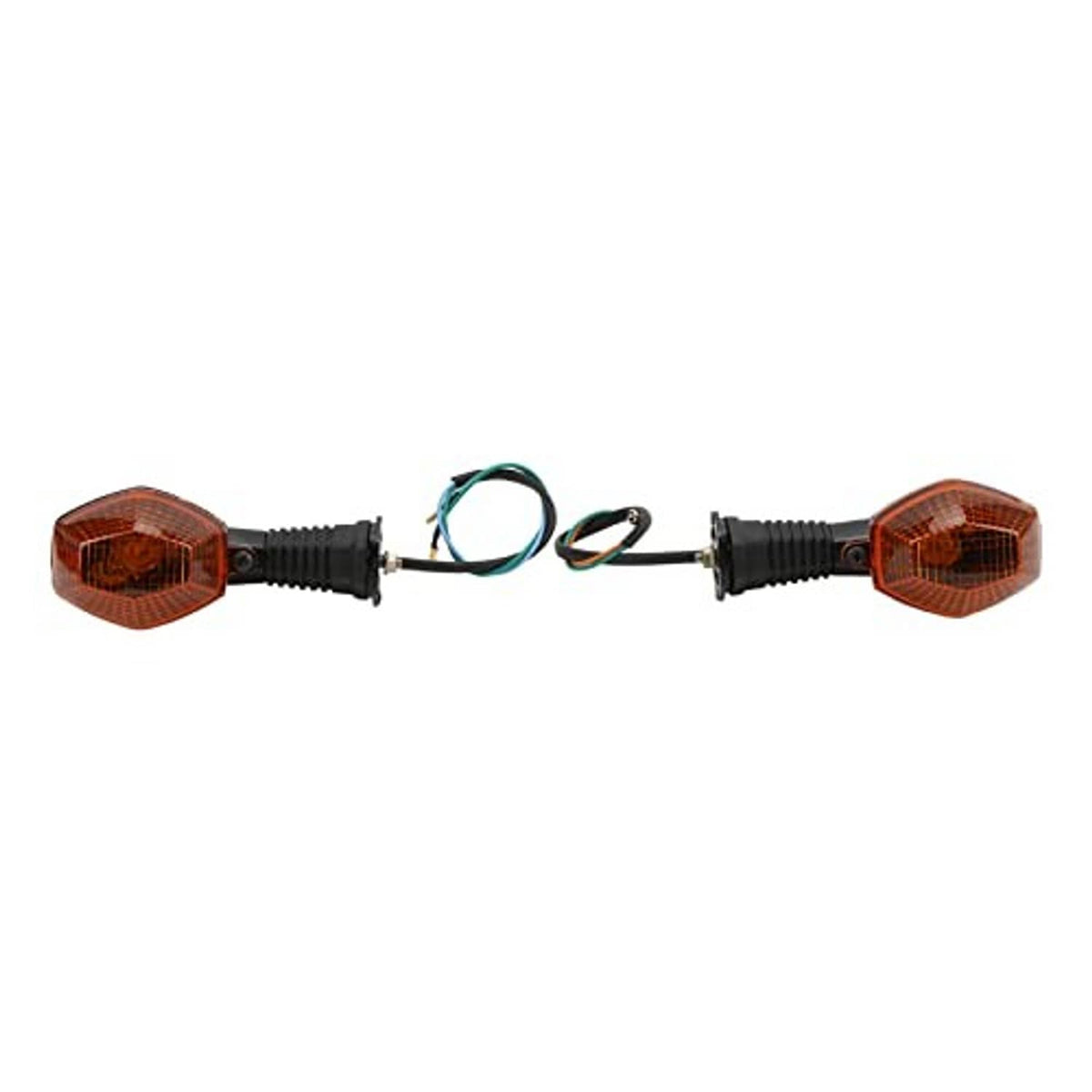 Two amber front motorcycle turn signal lamps on black mounts with connected wire harness