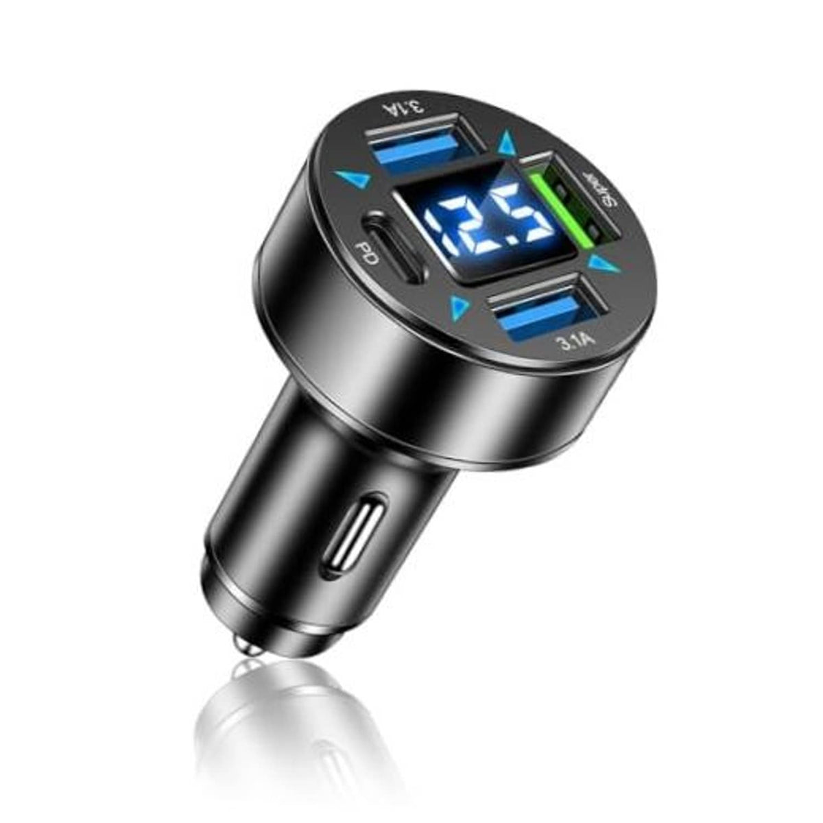 Black car charger with LED voltmeter display and slim metal body