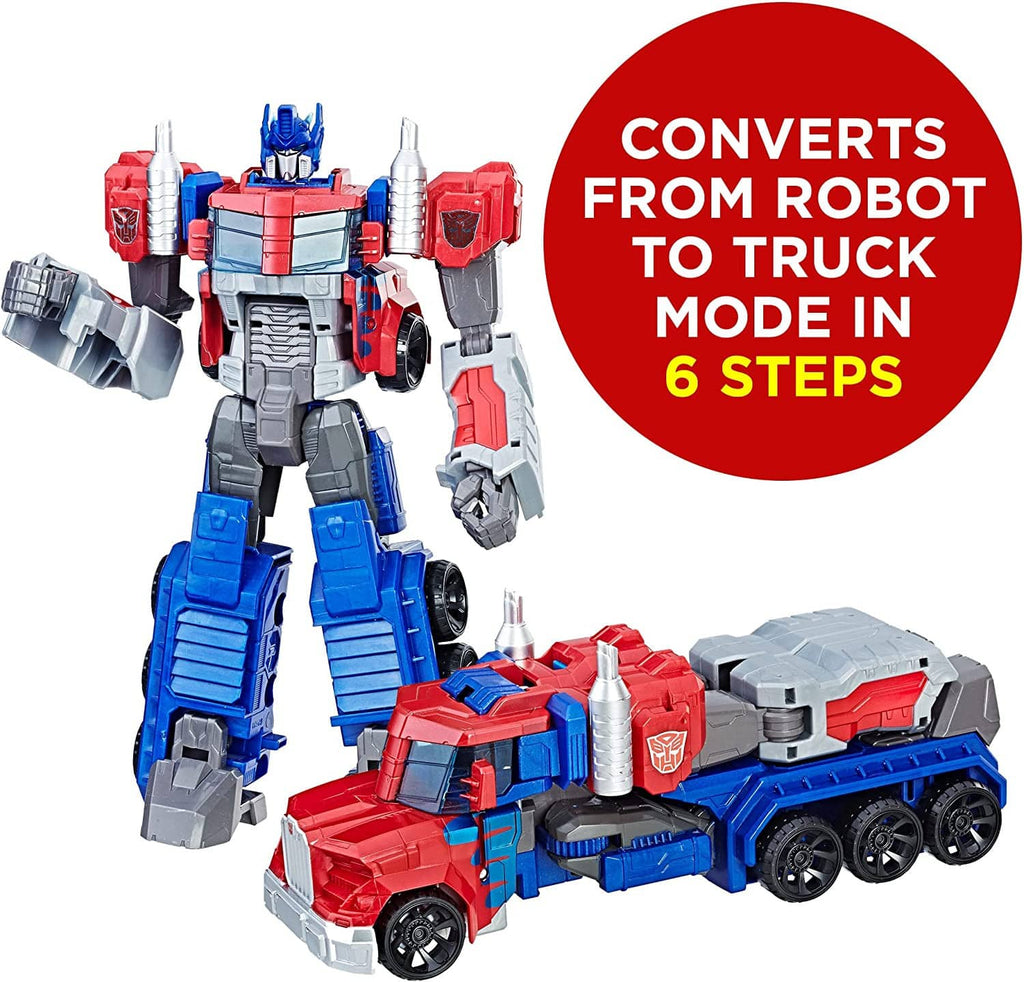 Robot action figure with blue legs and red body beside gray-and-red truck vehicle