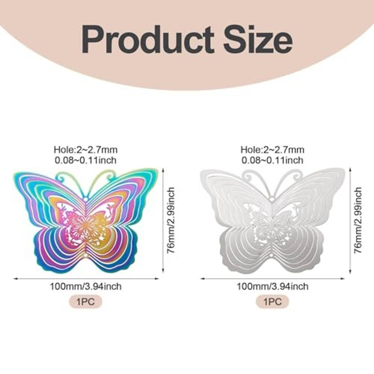 Butterfly filigree pendant size diagram with dimensions and hole size