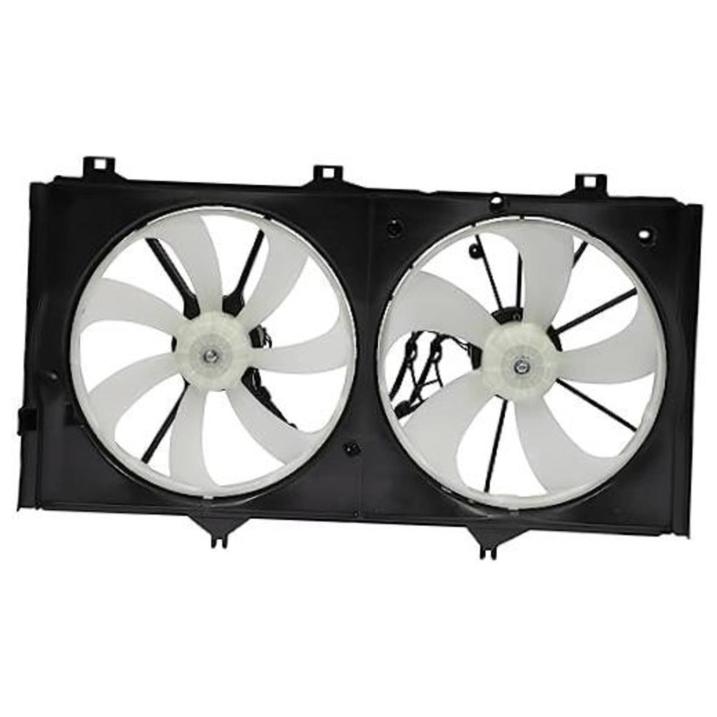Dual radiator condenser cooling fan assembly with black shroud and silver blades