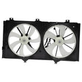 Dual radiator condenser cooling fan assembly with black shroud and silver blades