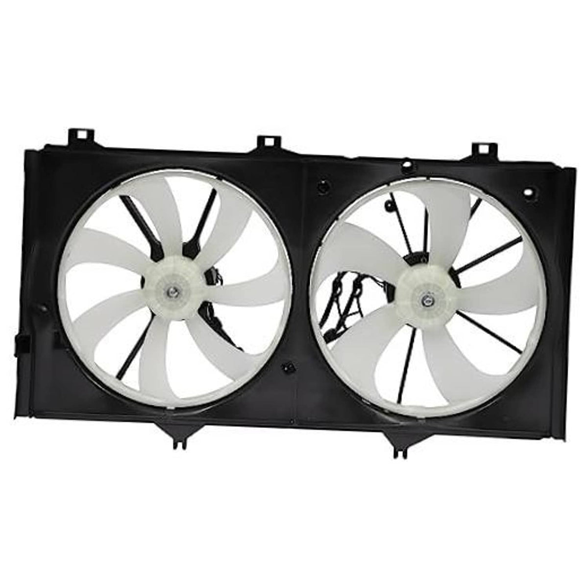 Dual radiator condenser cooling fan assembly with black shroud and silver blades