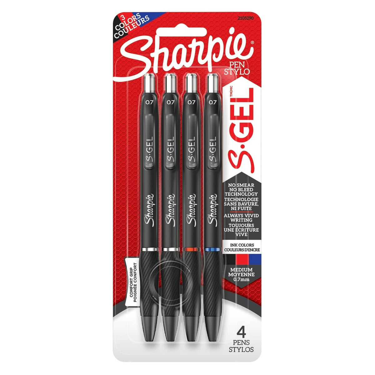 Sharpie S-Gel gel pen set, 0.7 mm medium tip, assorted colors, 4-pack blister