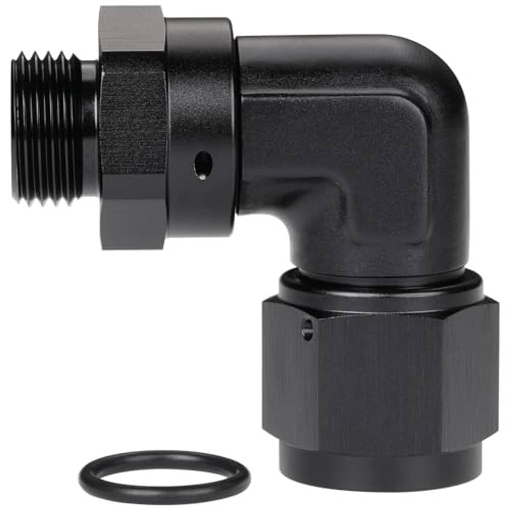 Black 90-degree AN flare swivel to male ORB fitting with O-ring, side view