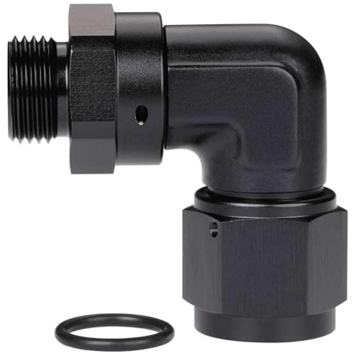 Black 90-degree AN flare swivel to male ORB fitting with O-ring, side view