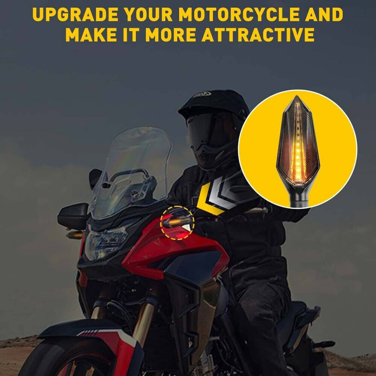 Amber LED turn signal indicator mounted on a motorcycle, featuring a tall teardrop lens