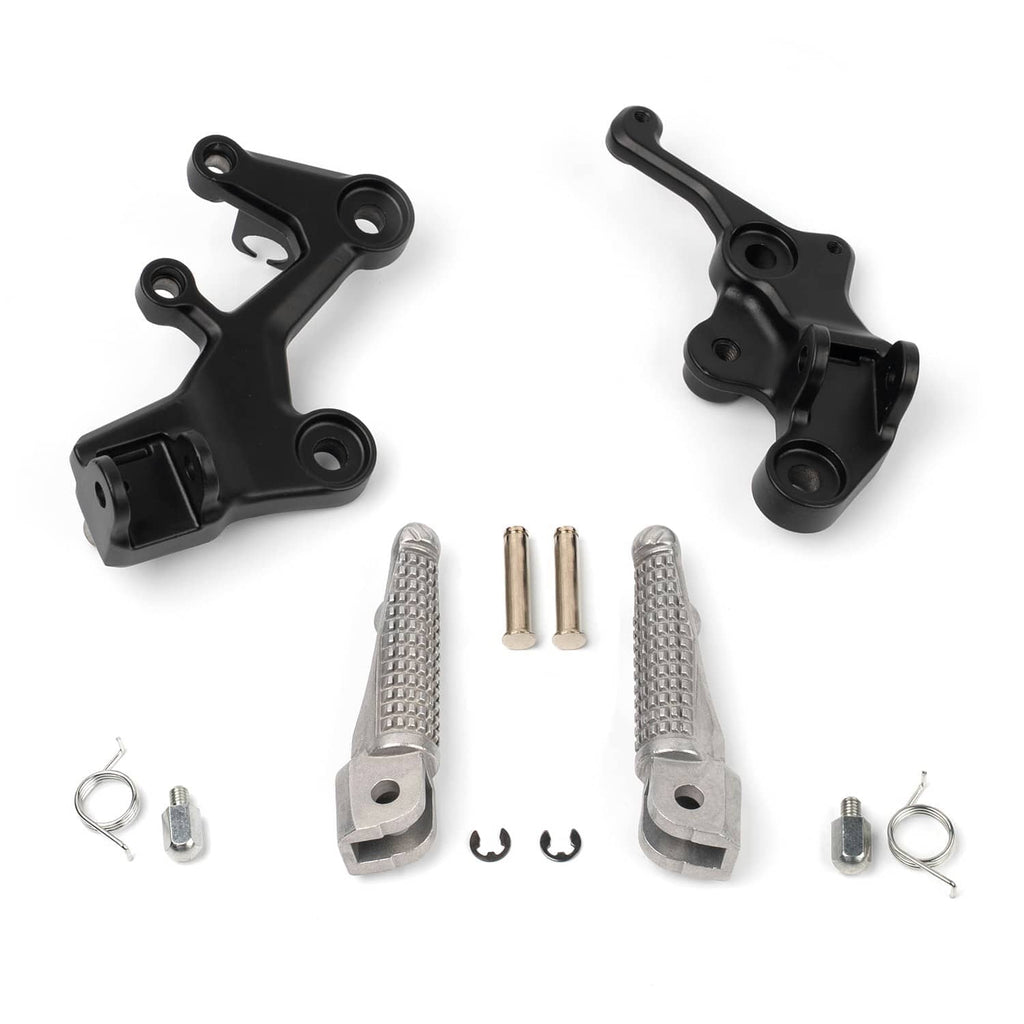 Front driver foot peg bracket pair, black plates with textured silver pegs and bolts