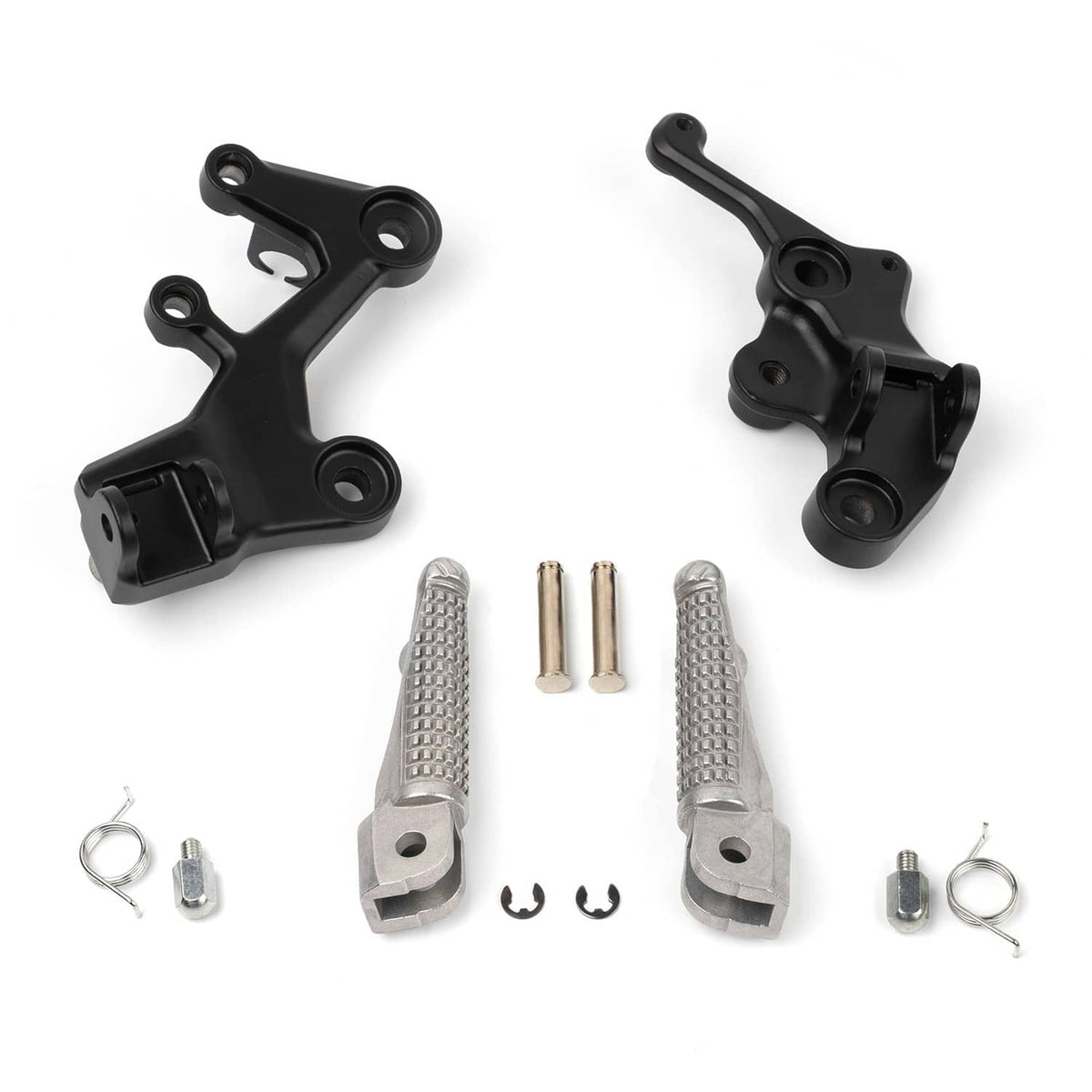 Front driver foot peg bracket pair, black plates with textured silver pegs and bolts