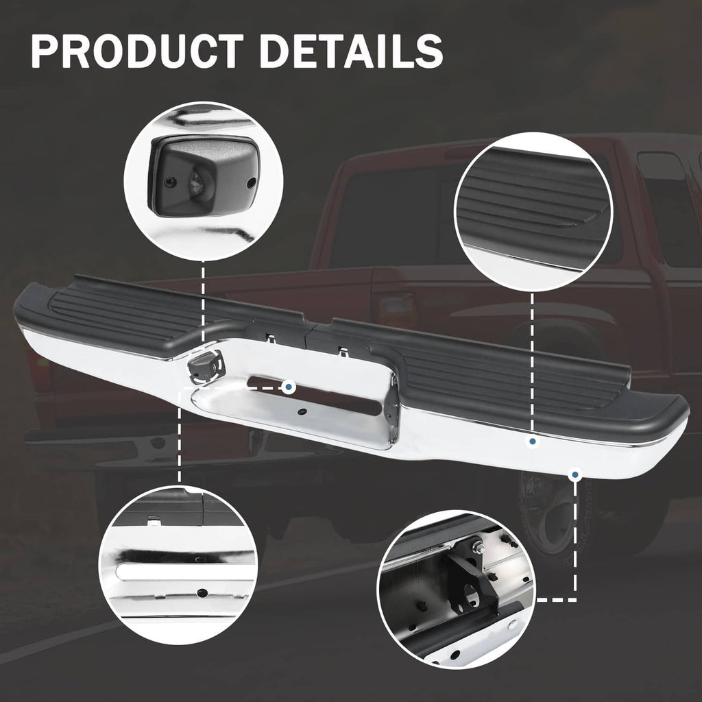 Rear step bumper assembly details with black step pads and chrome mounting brackets