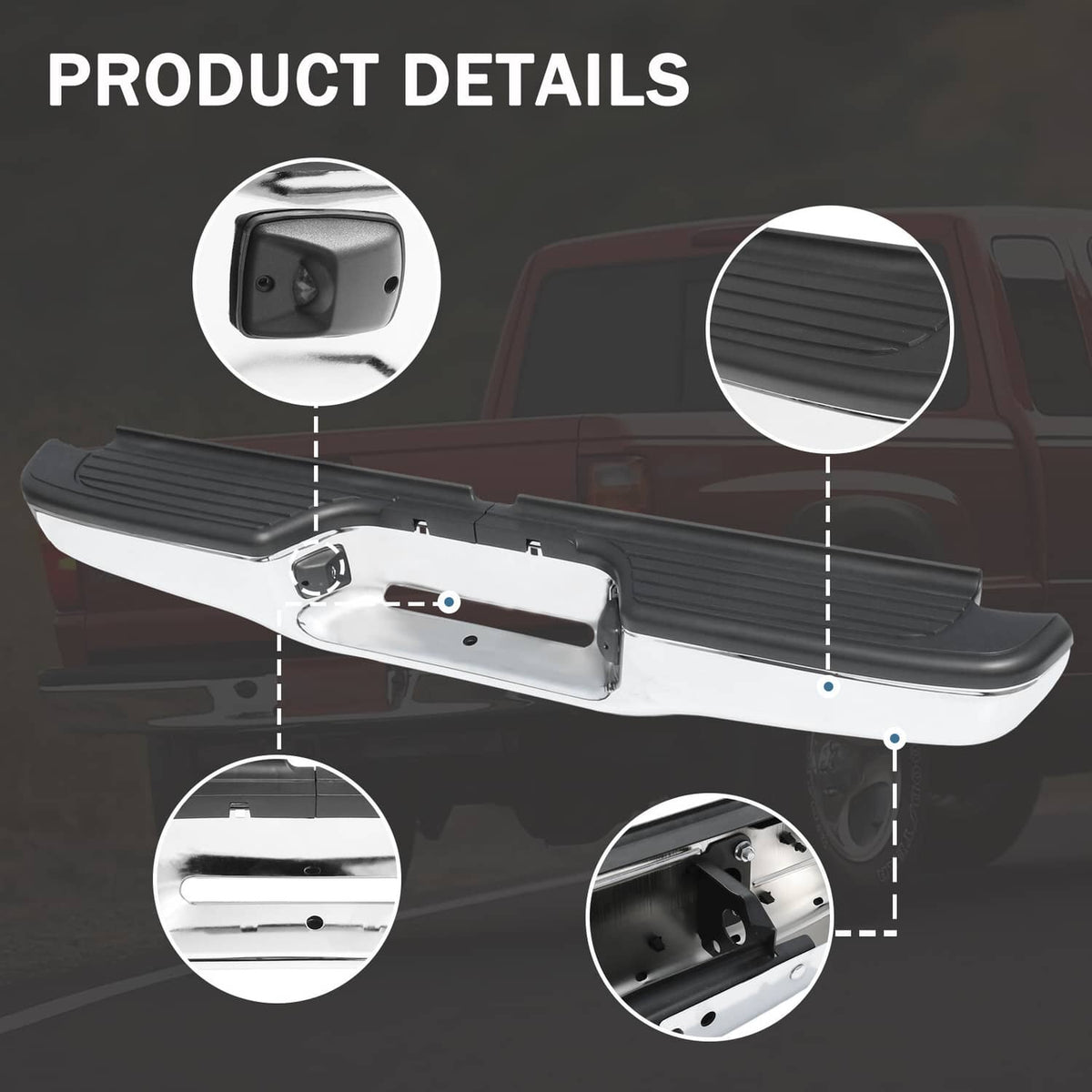 Rear step bumper assembly details with black step pads and chrome mounting brackets