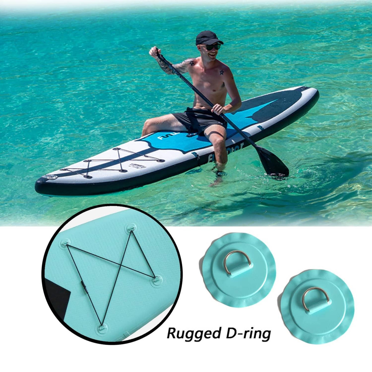 Teal rugged D-ring circular patch with stainless steel ring detail
