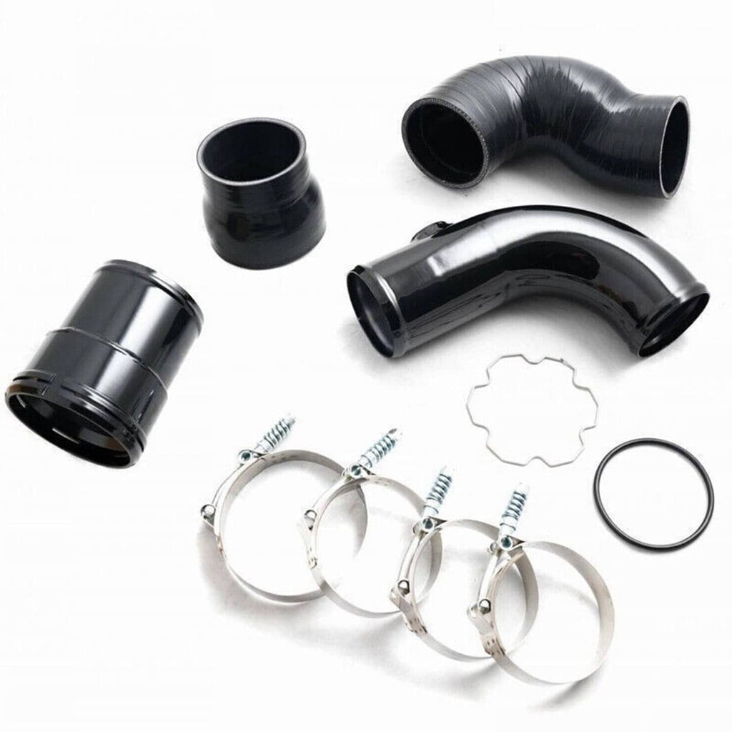 Black silicone intercooler pipe boot kit with multiple elbows, O-ring, and hose clamps