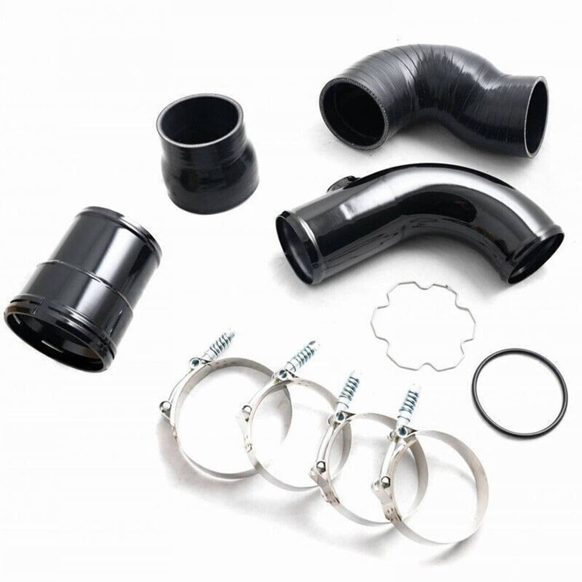 Black silicone intercooler pipe boot kit with multiple elbows, O-ring, and hose clamps