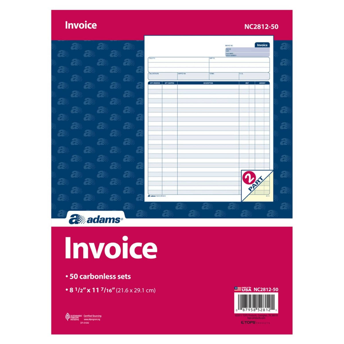 Two-part carbonless invoice set, 50 count, “Invoice” package with NC2812-50 code