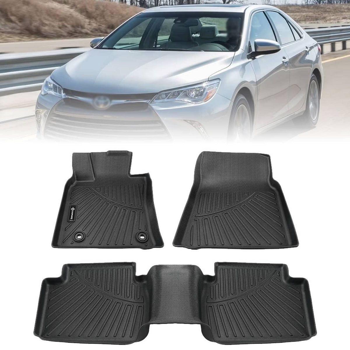 Black TPE floor mat liners set with raised channels and center anti-slip pad