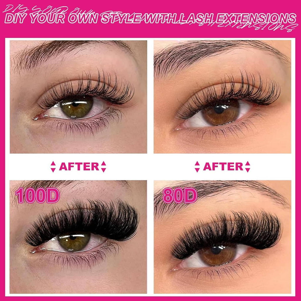 Cluster eyelash extensions on eyes, after-application comparison collage