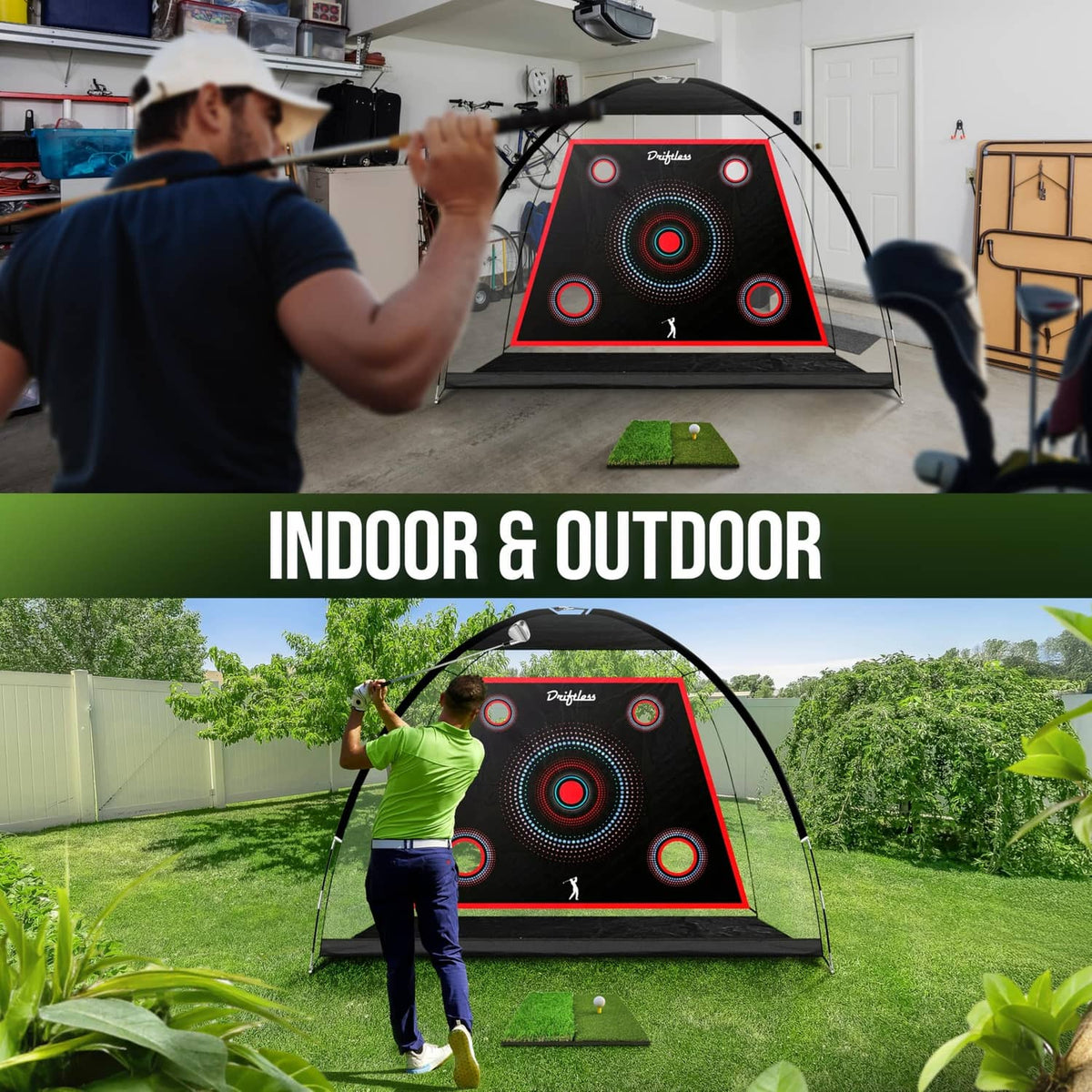 Black golf practice net set up for indoor or outdoor practice with red target panel