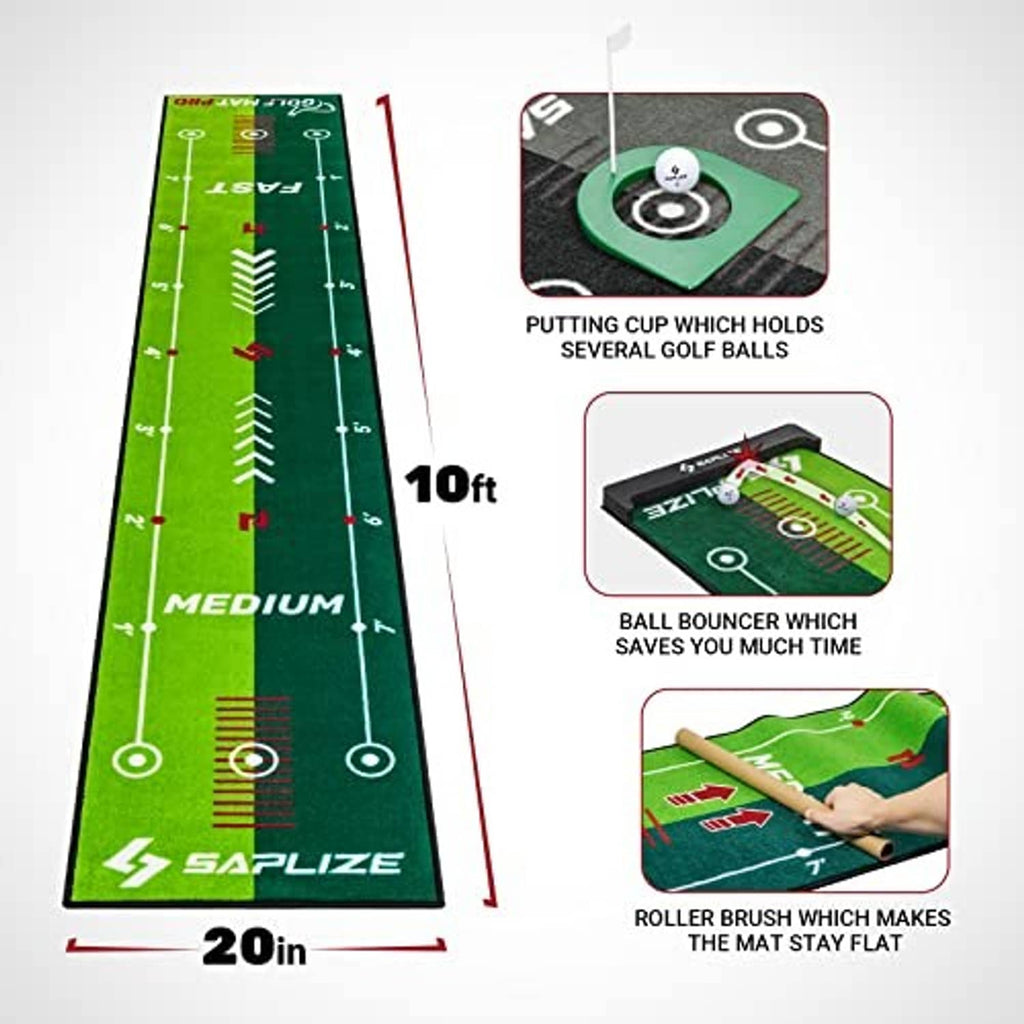 Putting mat set showing 20 in size, ball cup, and roller brush