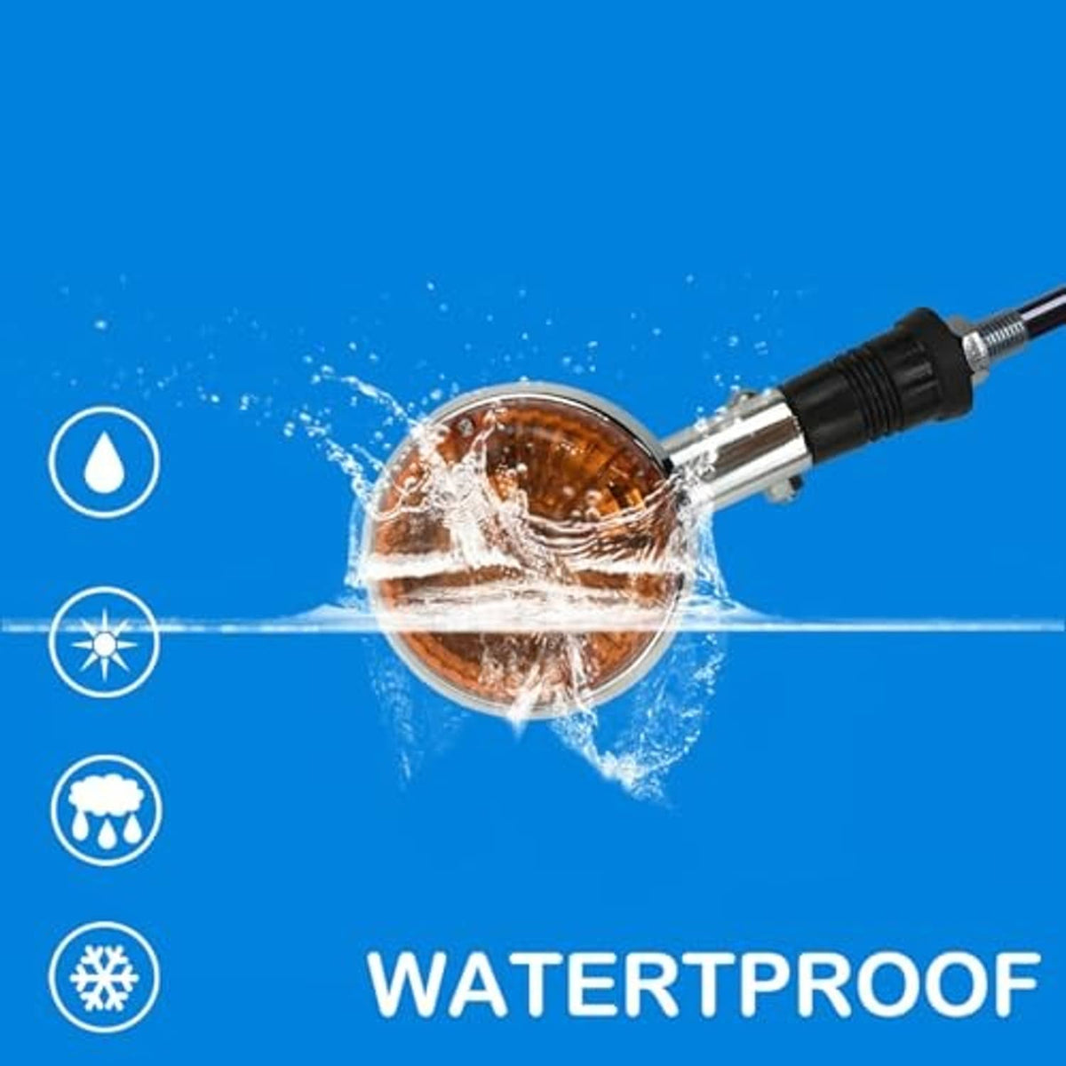 Waterproof amber motorcycle turn signal light on a cable with water splash