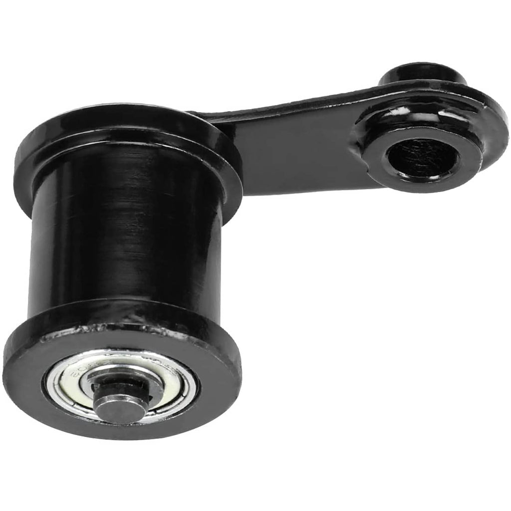Mini bike chain tensioner pivot arm with black roller housing and center bearing insert