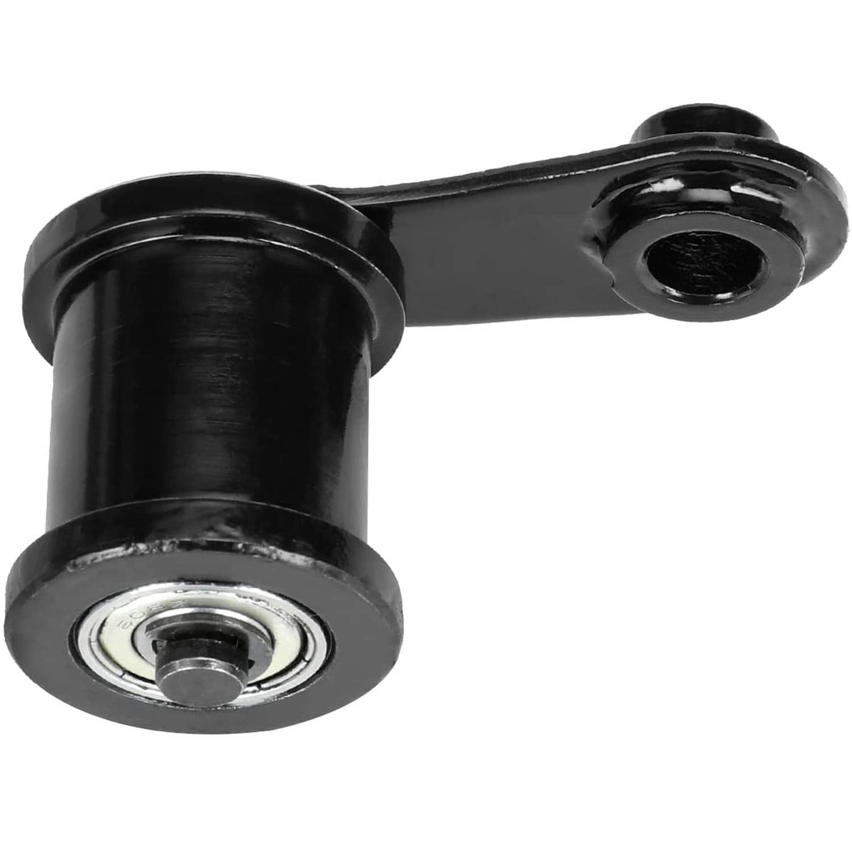 Mini bike chain tensioner pivot arm with black roller housing and center bearing insert