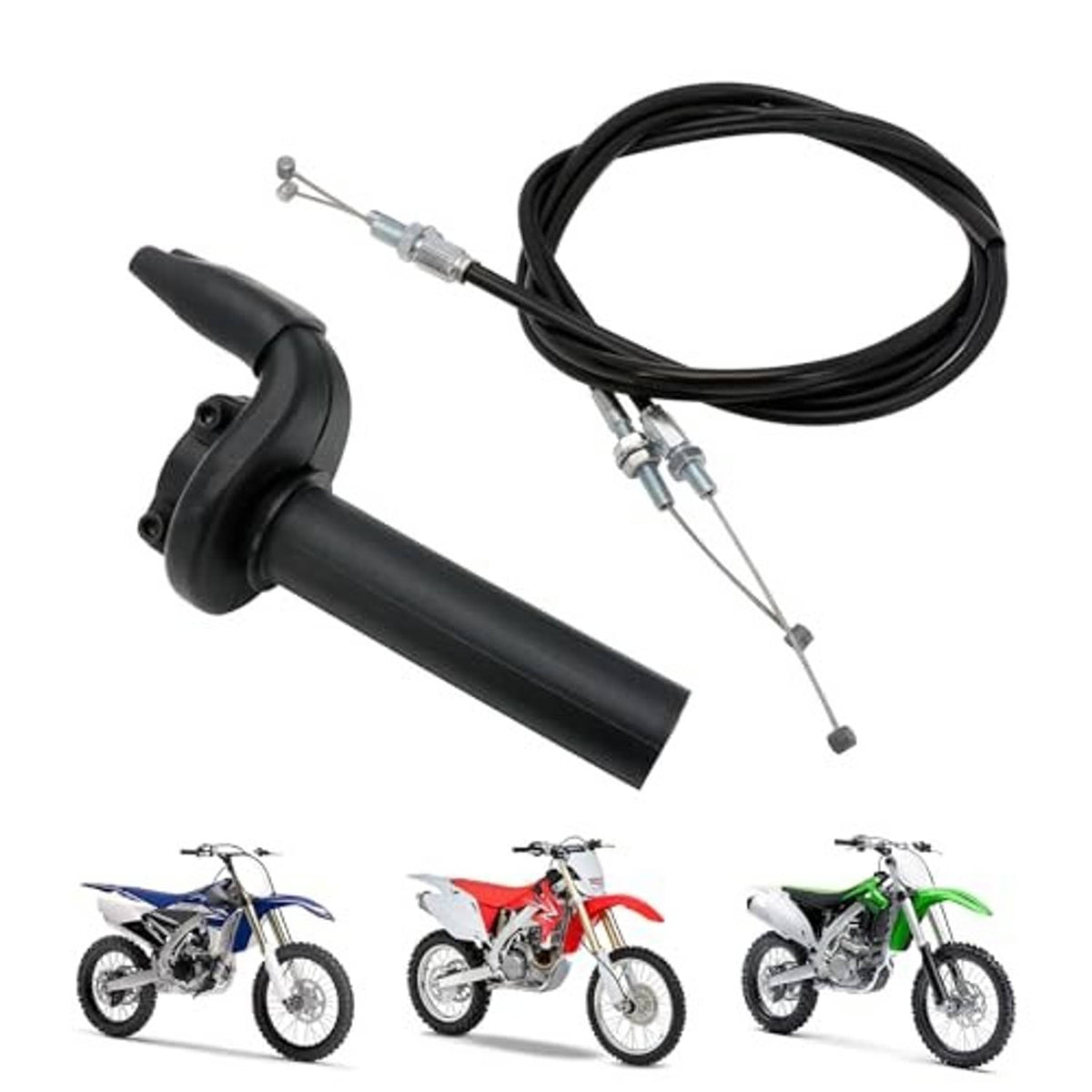 Black push-pull throttle grip with cable housing and metal adjuster ends