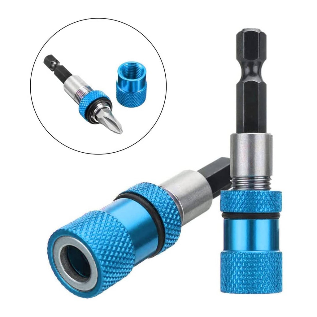 Blue 60mm drywall bit holder with a screw bit, inset for magnetic coupling.
