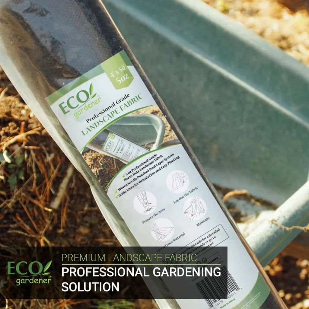 Black landscape weed barrier fabric roll with packaged garden label, ready to use.