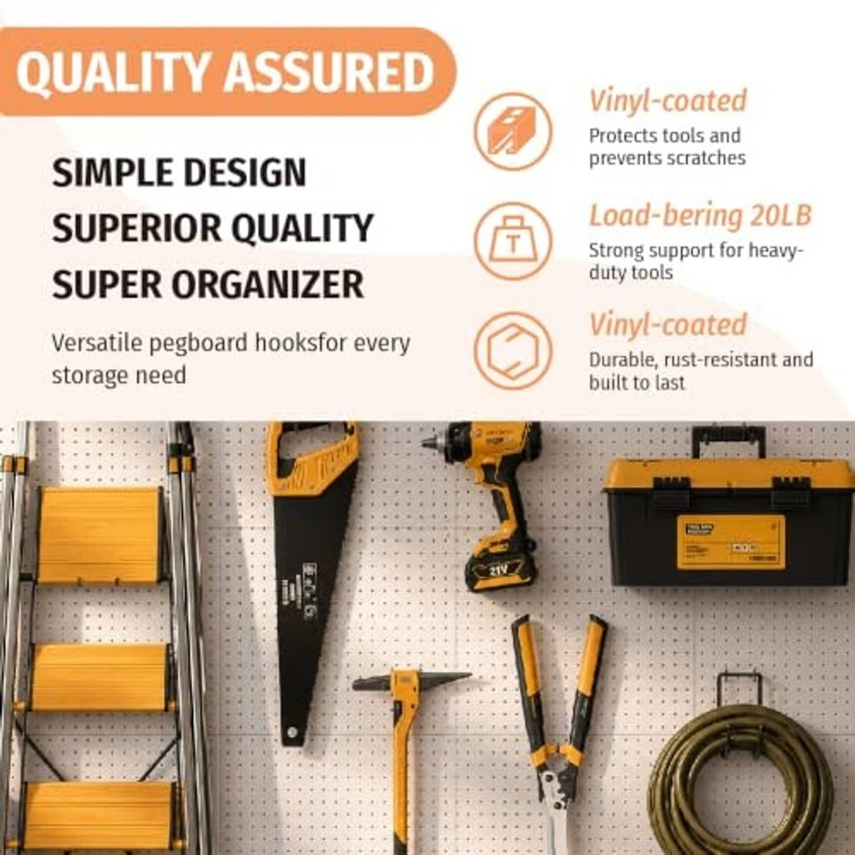 Pegboard organizer hook set with U-shaped holders, installed on a tool pegboard