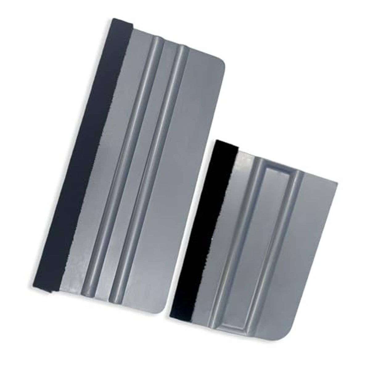 Vinyl wrap squeegee tool set: two gray plastic scrapers with black felt borders