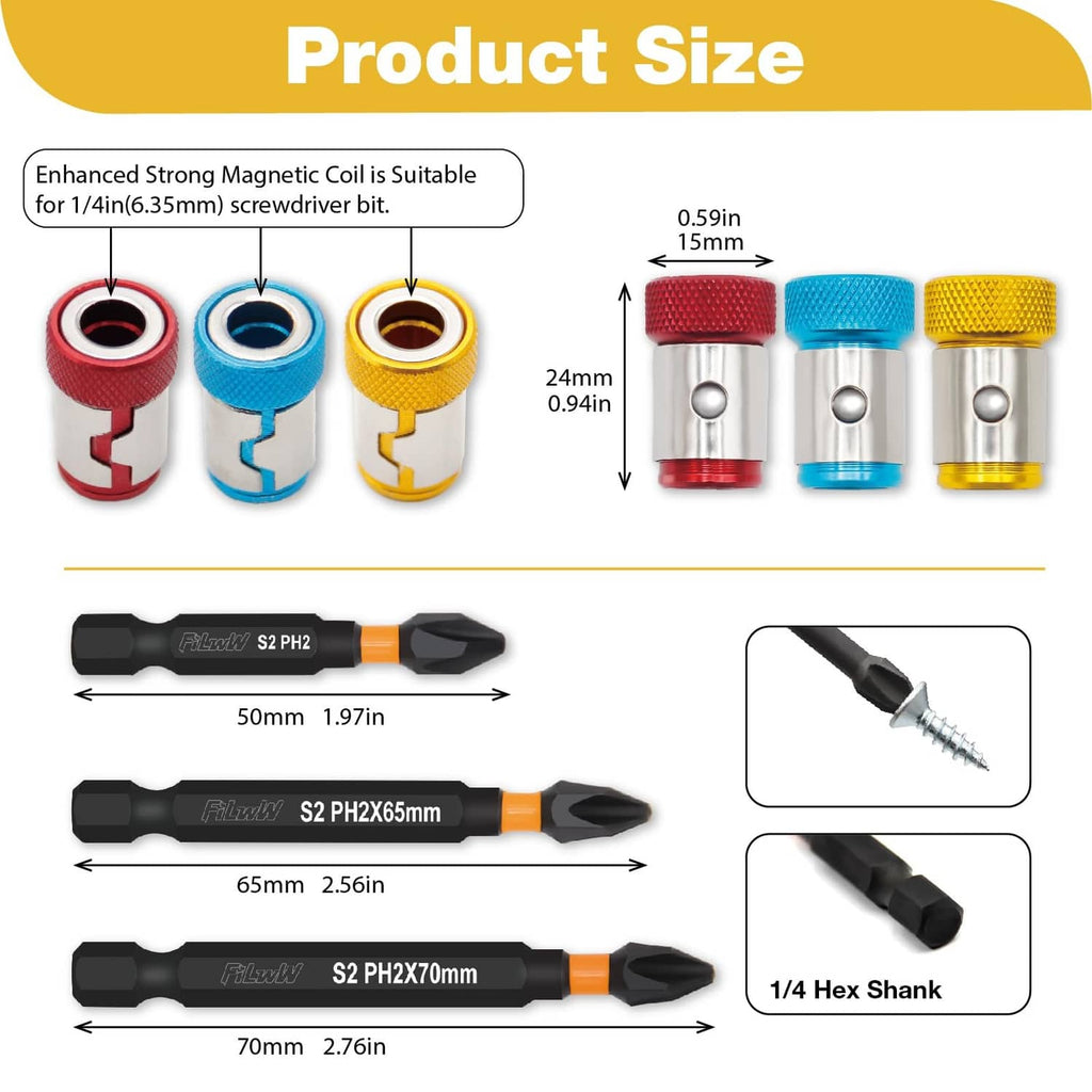 Magnetic screw ring set size chart with red, blue, yellow rings and PH2 bits