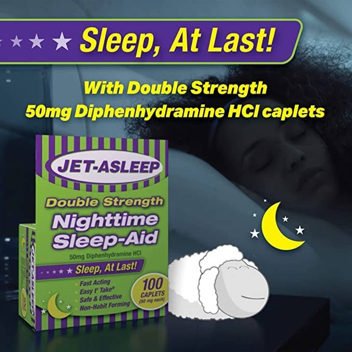 Double strength nighttime sleep-aid box front with caplets info and moon icon
