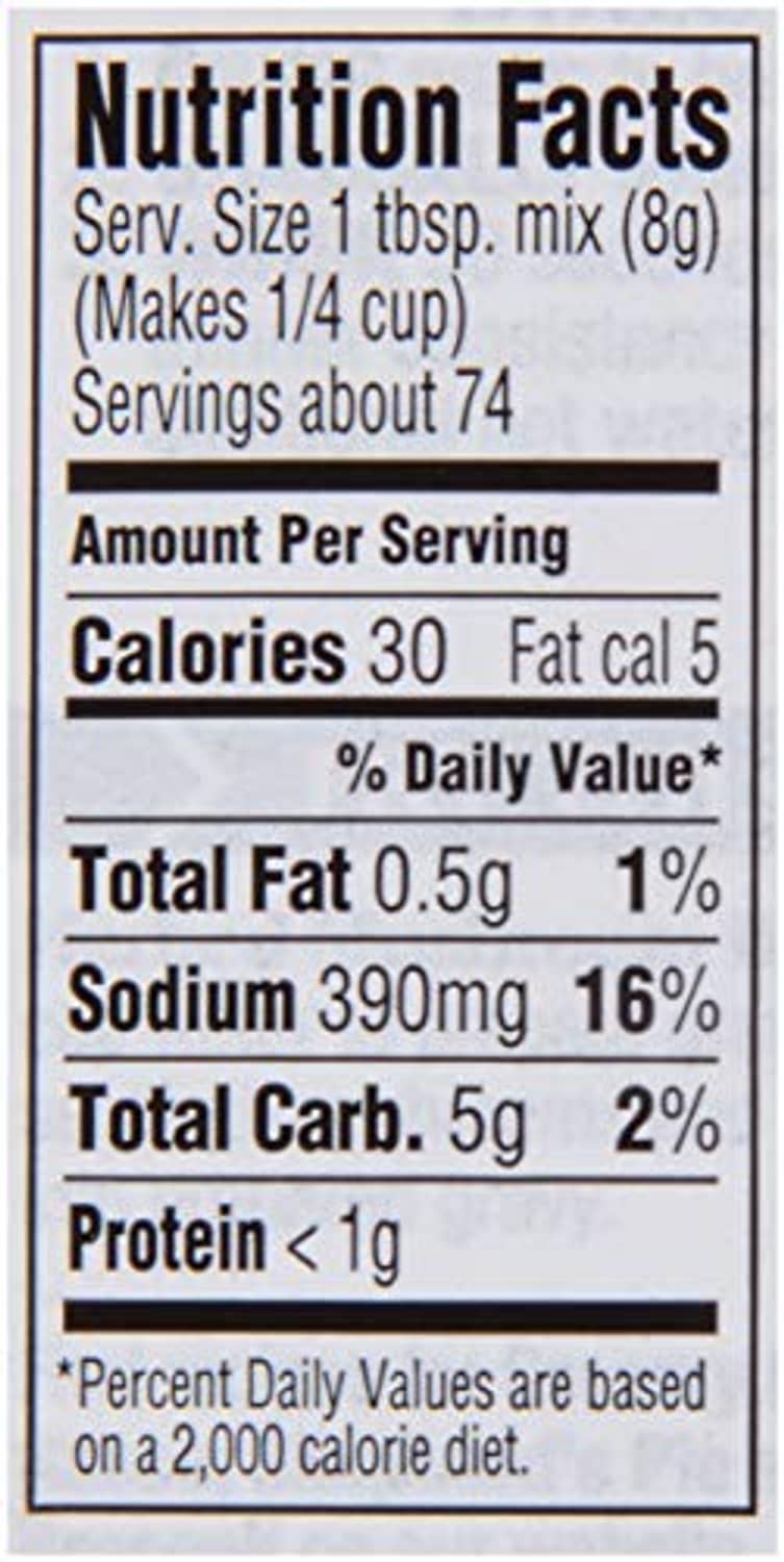 Nutrition Facts: 30 calories per serving, 0.5g fat, 390mg sodium