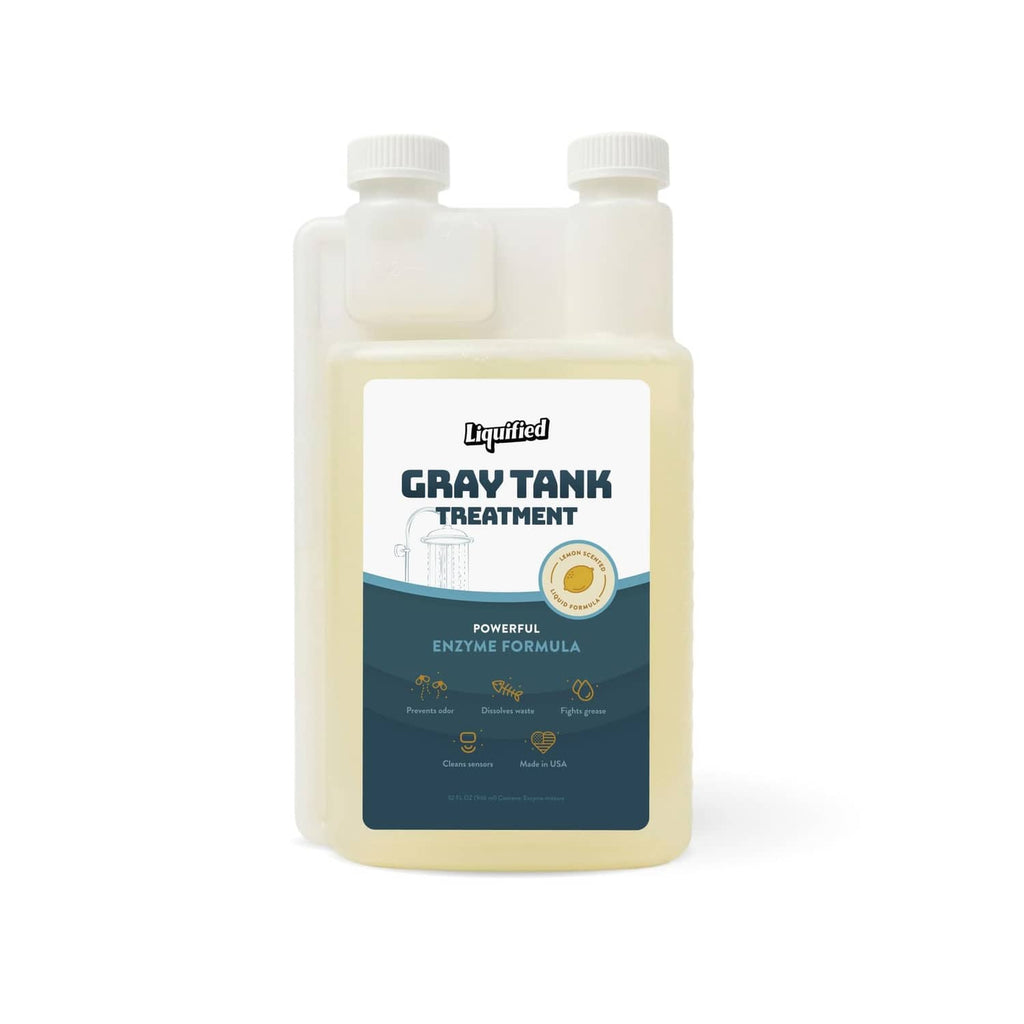 Gray tank treatment liquid bottle with front label and two white caps
